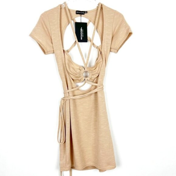 NWT Pretty Little Thing Dress Women's 8 Textured Rib Ring Cut Out Bodycon Mini - Picture 3 of 15